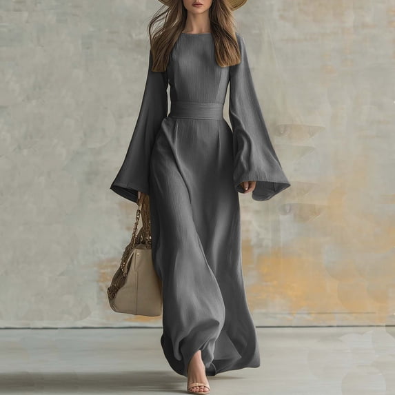 Guieoi Womens Dresses 2026 Fall Round-Neck Mid-Waist Bell-Sleeve Maxi Dress Gray S