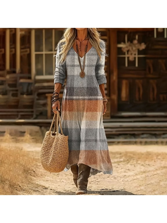 Womens Dresses Fall Bohemian Fashionable Checkered Print V-Neck Long-Sleeve Dress Multicolor XXL