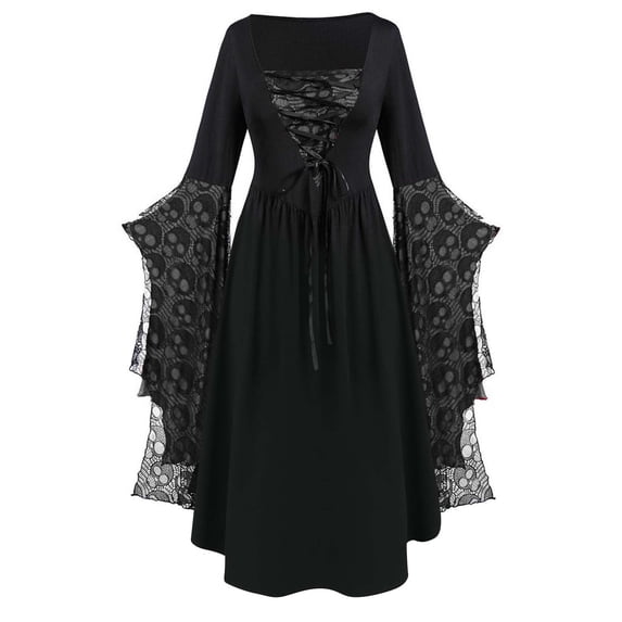 Guieoi Womens Dresses Fall Long-Sleeve Square-Neck Lace-Print Tie-Front Batwing-Sleeve Retro Dress Gray XL