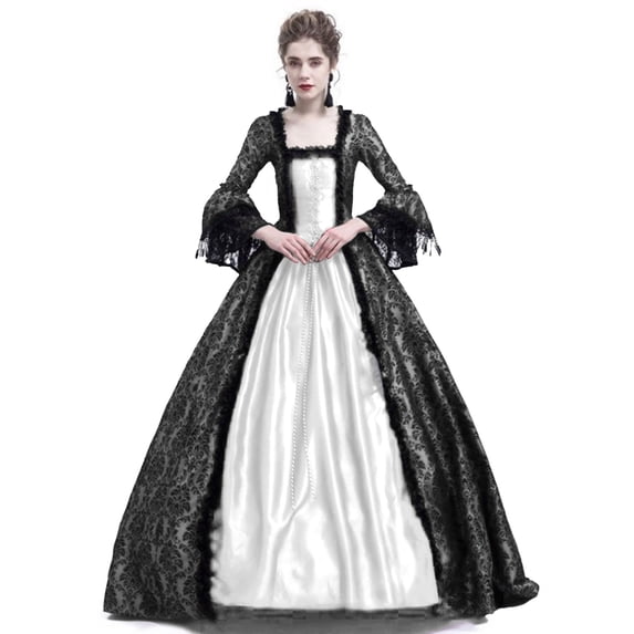 Guieoi Womens Dresses Fall Medieval Retro Gothic Court Dress Patchwork Retro Dress Long-Sleeve Square-Neck Dress White L