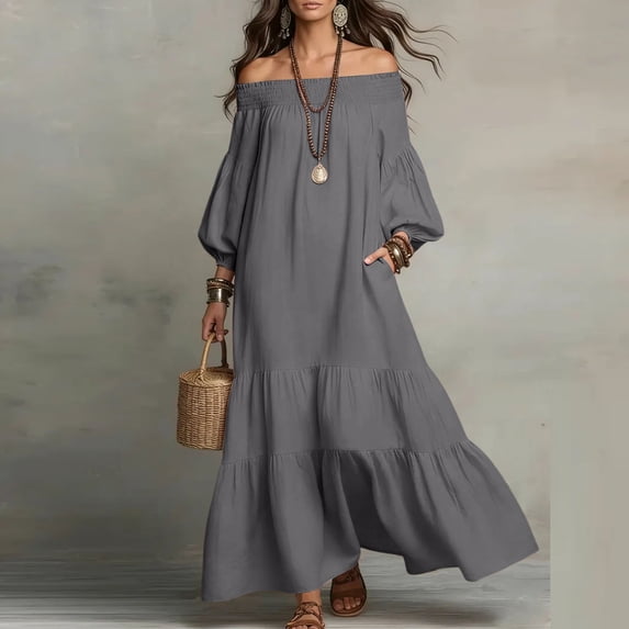 Guieoi Womens Dresses Fall Plus Size 3/4-Sleeve Off-the-Shoulder Dress with Pockets,Flowy Loose Pleated Hem with Ruffled Edges Gray S