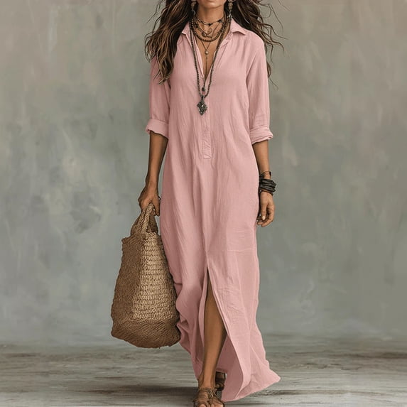 Guieoi Womens Dresses Fall Plus Size Elegant and Fashionable Loose Casual Collared Front-Slit Maxi Dress Pink L