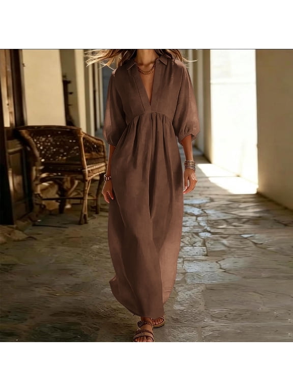 Womens Dresses Fall Plus Size Loose Casual Cotton-Linen 3/4-Sleeve V-Neck Dress Flowy Maxi Dresseses Brown L