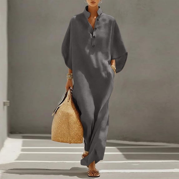 Guieoi Womens Dresses Fall Plus Size Loose Casual Cotton-Linen 3/4-Sleeve V-Neck Dress Flowy Maxi Dresseses Gray XXL