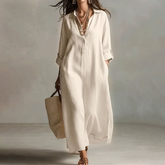 Guieoi Womens Dresses Fall Plus Size Loose Casual Shirt Dress Relaxed-Fit Long-Sleeve Collared Ankle-Length Dress White S