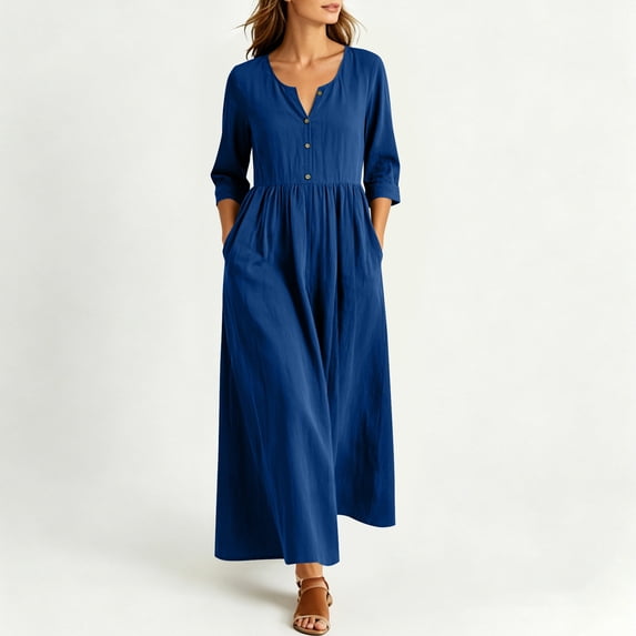 Guieoi Womens Dresses Fall Plus Size Round-Neck Loose Casual Button-Down Long-Sleeve Dress with Waist Tie Blue XXL