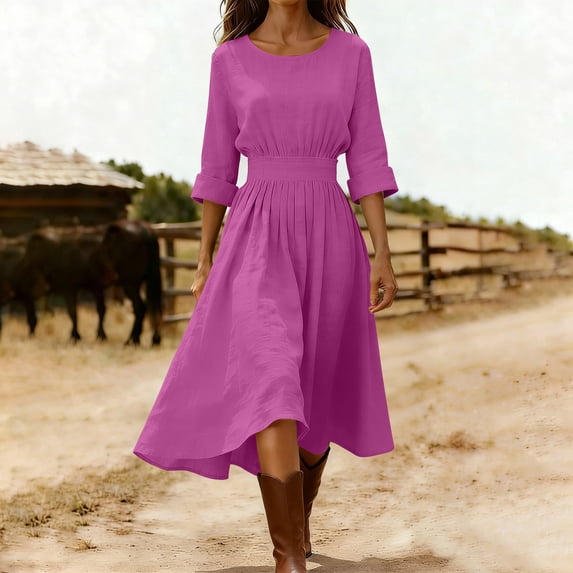 Guieoi Womens Dresses Fall Plus Size Spring Round-Neck Loose Casual Long-Sleeve (Back Zipper) Maxi Dress Pink XXL