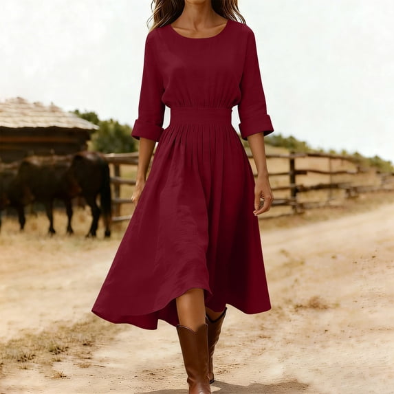 Guieoi Womens Dresses Fall Plus Size Spring Round-Neck Loose Casual Long-Sleeve (Back Zipper) Maxi Dress Red S