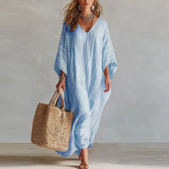 Guieoi Womens Dresses Fall Plus Size Striped Print Loose-Fit Long-Sleeve Rolled-Cuff V-Neck Dress Blue S