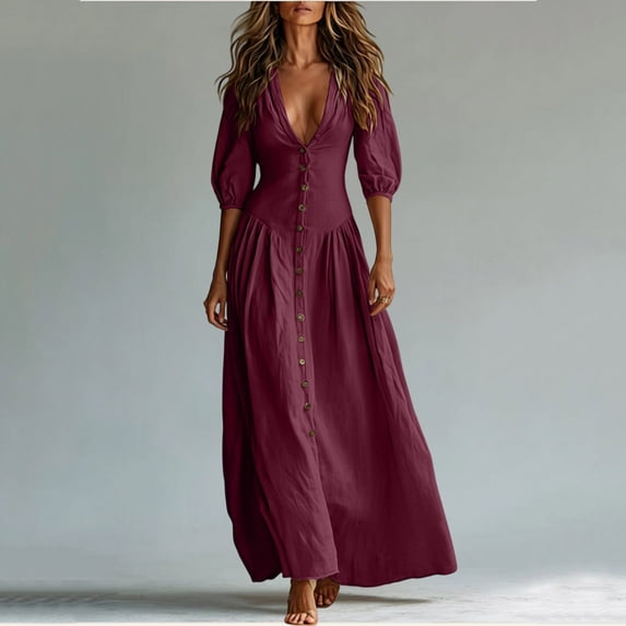 Guieoi Womens Dresses Fall Plus Size V-Neck Loose Casual Short-Sleeve Button-Down Dress Red L