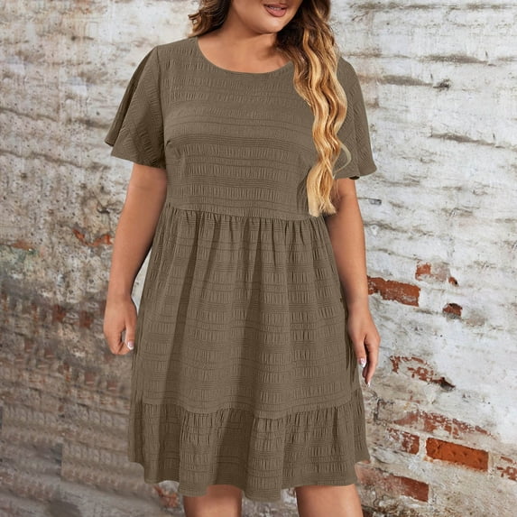 Guieoi Womens Dresses Holiday 2026 New Trendy Summer Plus Size Round Neck Short Sleeve Dress Brown L
