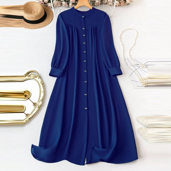 Guieoi Womens Dresses Holiday 2026 New Trendy Summer Plus Size V-Neck Long Sleeve Mid-Length Button Dress Knee-Length Dress Blue XXXL