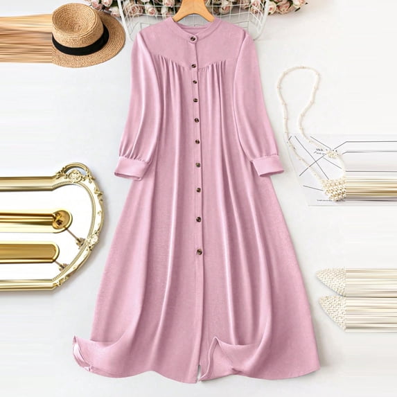 Guieoi Womens Dresses Holiday 2026 New Trendy Summer Plus Size V-Neck Long Sleeve Mid-Length Button Dress Knee-Length Dress Pink XXXL