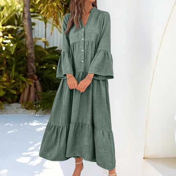 Guieoi Womens Dresses Layered Pleated Loose-Fit Patchwork Long-Sleeve V-Neck Maxi Dress Green L