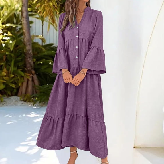 Guieoi Womens Dresses Layered Pleated Loose-Fit Patchwork Long-Sleeve V-Neck Maxi Dress Purple M