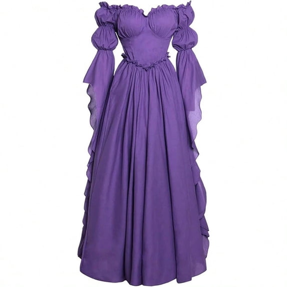 Guieoi Womens Dresses Long Sleeve Court-Style Asymmetrical Gothic Solid-Color Maxi Dress Maxi Dress Purple M