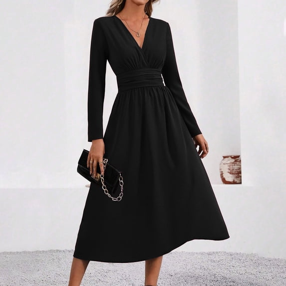 Guieoi Womens Dresses Long Sleeve Solid-Color High-Waisted Pleated V-Neck Dress Midi Dress Black L