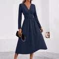 thumbnail image 1 of Guieoi Womens Dresses Long Sleeve Solid-Color High-Waisted Pleated V-Neck Dress Midi Dress Blue XXL, 1 of 8