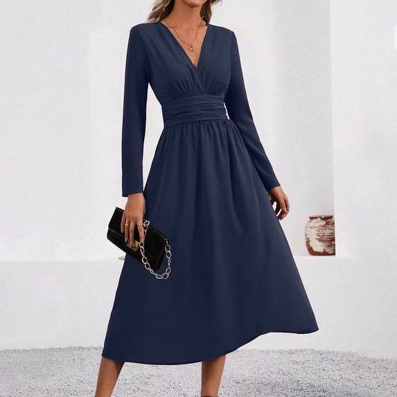 Guieoi Womens Dresses Long Sleeve Solid-Color High-Waisted Pleated V-Neck Dress Midi Dress Blue XXL