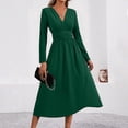 thumbnail image 1 of Guieoi Womens Dresses Long Sleeve Solid-Color High-Waisted Pleated V-Neck Dress Midi Dress Green XXL, 1 of 8