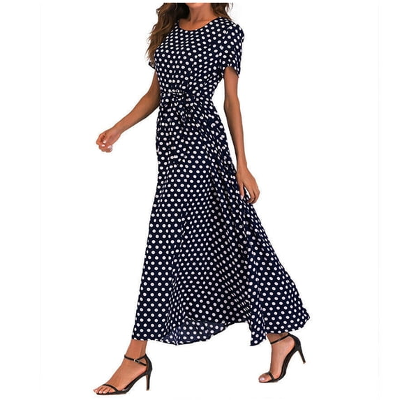 Guieoi Womens Dresses Plus Size 1950s Round Neck Short Sleeve Tie-Waist Beach Polka Dot Print Dress Black S