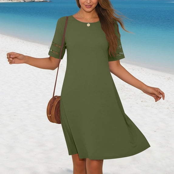 Guieoi Womens Dresses Plus Size 2026 New Trendy Summer Casual Crew Neck Lace-Panel Short Sleeve Dress Green XL