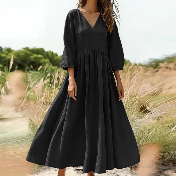 Guieoi Womens Dresses Plus Size 2026 New Trendy Summer Loose Casual Cotton-Linen Blend 3/4 Sleeve V-Neck Dress Black L
