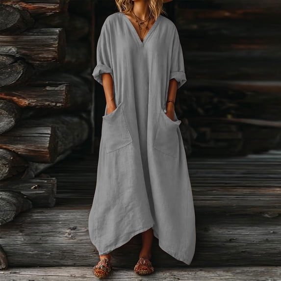 Guieoi Womens Dresses Plus Size 2026 New Trendy Summer Loose Casual Cotton-Linen Blend Asymmetrical Hem 3/4 Sleeve V-Neck Pocket Dress Gray L