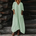 thumbnail image 1 of Guieoi Womens Dresses Plus Size 2026 New Trendy Summer Loose Casual Cotton-Linen Blend Asymmetrical Hem 3/4 Sleeve V-Neck Pocket Dress Green M, 1 of 7