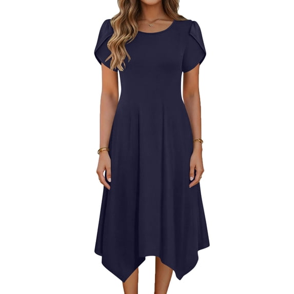 Guieoi Womens Dresses Plus Size 2026 New Trendy Summer Round Neck Short Sleeve Ruffled Sleeve Asymmetric Hem Dress Blue S