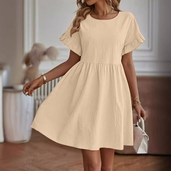 Guieoi Womens Dresses Plus Size 2026 Summer Round Neck Short Sleeve Dress Beige M