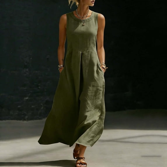 Guieoi Womens Dresses Plus Size A-Line Loose-Fit Pocket Tank Maxi Dress Summer Dress Green S