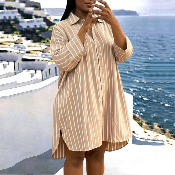 Guieoi Womens Dresses Plus Size Casual V-Neck Long-Sleeve Loose-Fit Solid-Color Maxi Dress Brown S