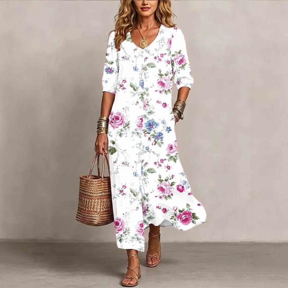Guieoi Womens Dresses Plus Size Collared 3/4-Sleeve Side-Slit Floral Print Dress with Pockets Pink XXXXXL