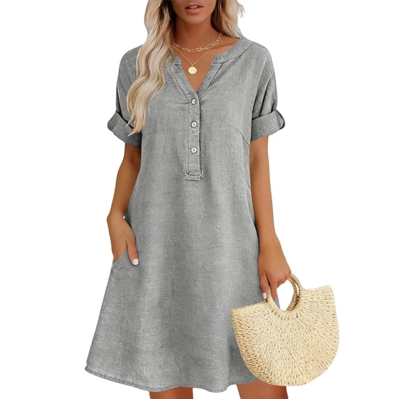 Guieoi Womens Dresses Plus Size Cotton-Linen Blend 3/4 Sleeve V-Neck Short-Sleeve Button-Down Dress with Pockets Gray M