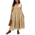 thumbnail image 1 of Guieoi Womens Dresses Plus Size Plus Size Solid Color Square Neck Short-Sleeve Waist-Cinched Layered Ankle-Length Dress Brown XXXXL, 1 of 9