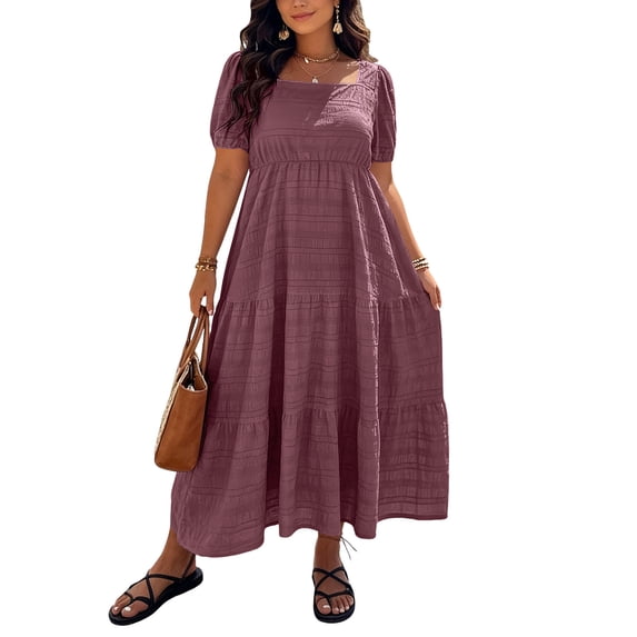 Guieoi Womens Dresses Plus Size Plus Size Solid Color Square Neck Short-Sleeve Waist-Cinched Layered Ankle-Length Dress Red XXXXL