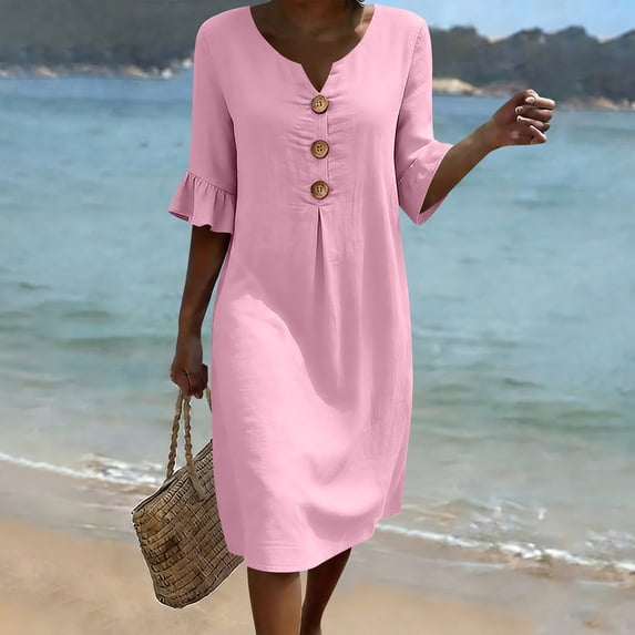 Guieoi Womens Dresses Plus Size Short-Sleeve Ruffled-Sleeve Casual V-Neck Button-Down Loose-Fit Dress with Pockets Beige XL Pink XL