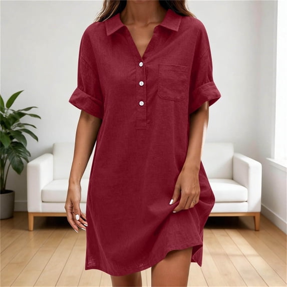 Guieoi Womens Dresses Plus Size Solid-Color Collared Button-Down Short-Sleeve Dress with Pockets Sundresses for Women Summer Red M