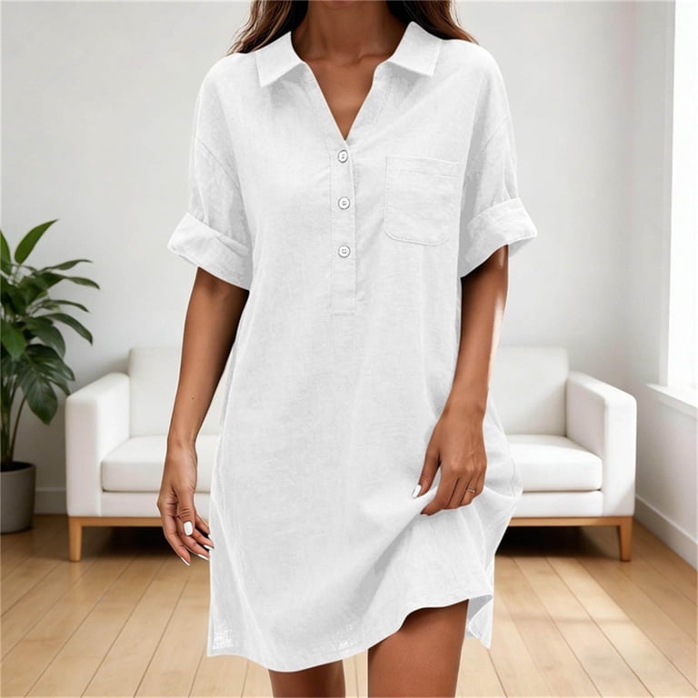 walmart ladies dresses Guieoi Womens Plus Size Solid-Color Collared Button-Down Short-Sleeve Dress with Pockets Sundresses for Women Summer White S, Women's, Size Color Collared Button Womens Dresses Clearance, Discounts &
