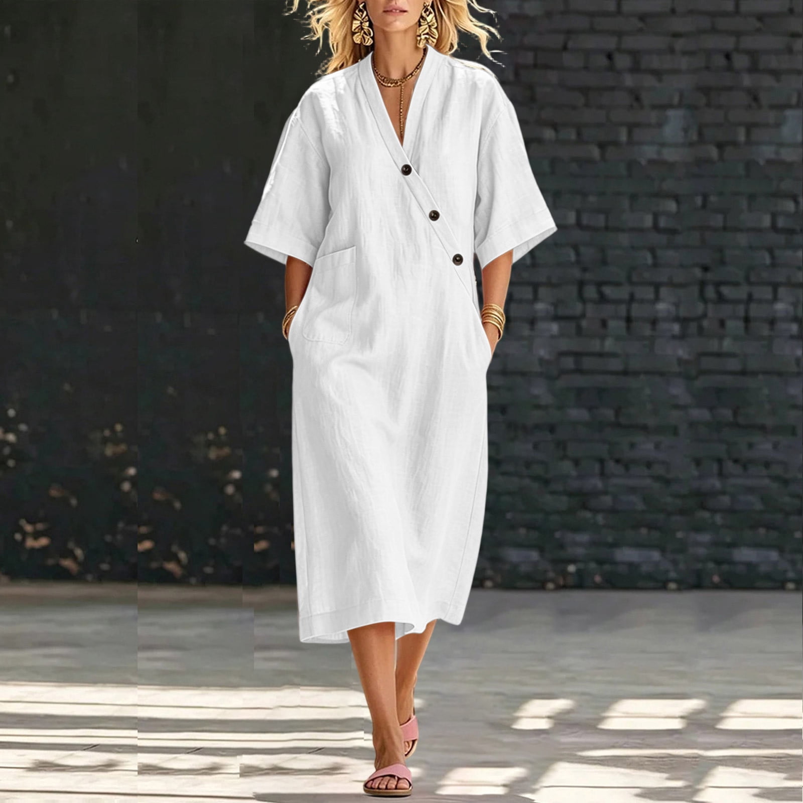 plus size spring casual dresses Guieoi Womens Dresses Plus Size Spring/Summer Casual Loose-Fit Short-Sleeve Button-Down Dress (3 Pockets) White S, Women's, Size: Small