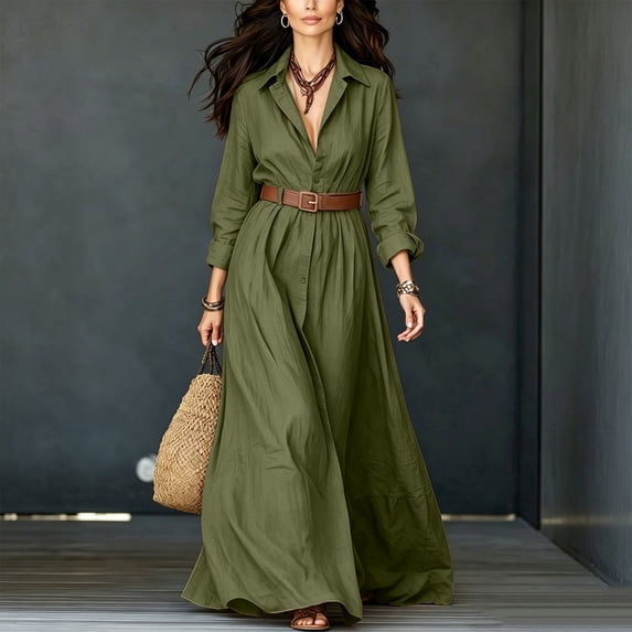 Guieoi Womens Dresses Plus Size Summer Casual Commuter & Vacation Long Sleeve Button-Down Collar Waist-Cinched Belted Shirt Maxi Dress Green XL