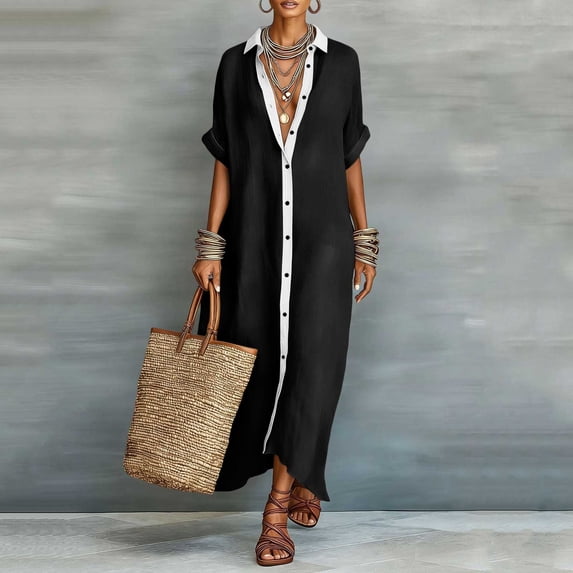 Guieoi Womens Dresses Plus Size Summer Short-Sleeve V-Neck Button Up Dresses Sundresses for Women Black XL