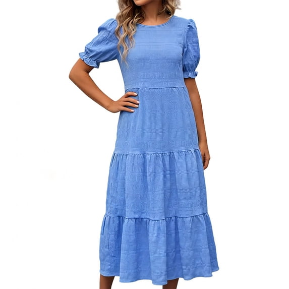 Guieoi Womens Dresses Plus Size Tiered Boho Style Summer Short-Sleeve Pleated Ruffled Dress Round-Neck Dress Blue XL