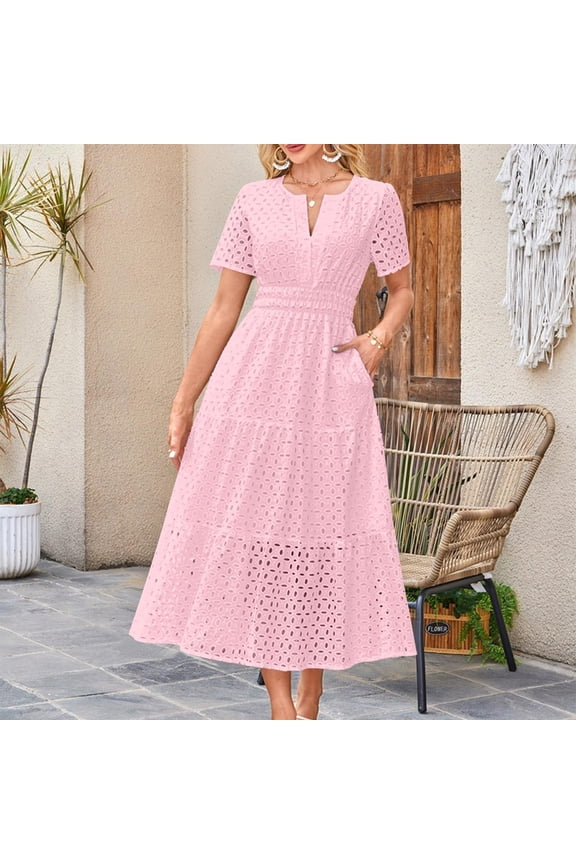Womens Dresses Plus Size Pink Dress Women V-Neck Lace-Up Eyelet Large Pleats Short-Sleeve Maxi Dress Pink M