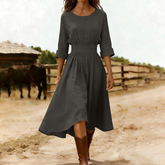 Guieoi Womens Dresses Summer 2026 Fall Round-Neck Maxi Dress Gray XXL