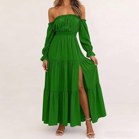 Guieoi Womens Dresses Summer Off-Shoulder Long Sleeve 2026 Fall Dress Green M