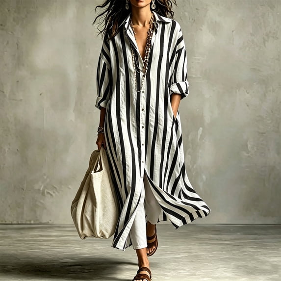 Guieoi Womens Dresses V-Neck Striped Casual Long-Sleeve Long Cardigan Shirt with Pockets Maxi Dress Black L