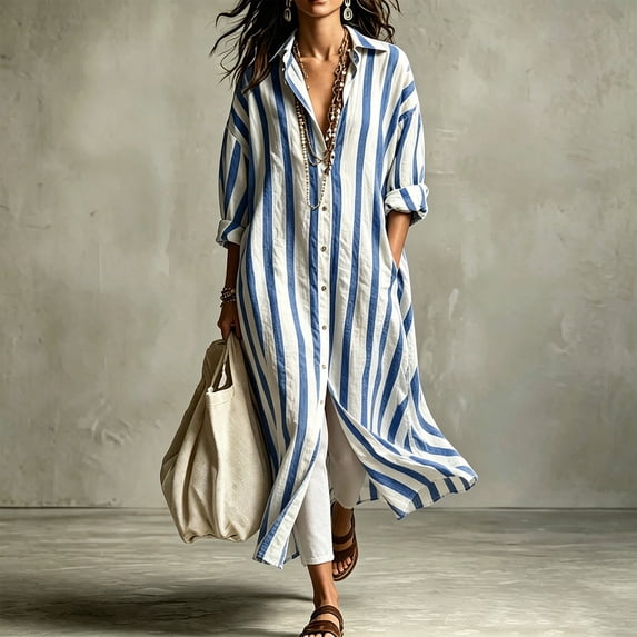 Guieoi Womens Dresses V-Neck Striped Casual Long-Sleeve Long Cardigan Shirt with Pockets Maxi Dress Blue XL