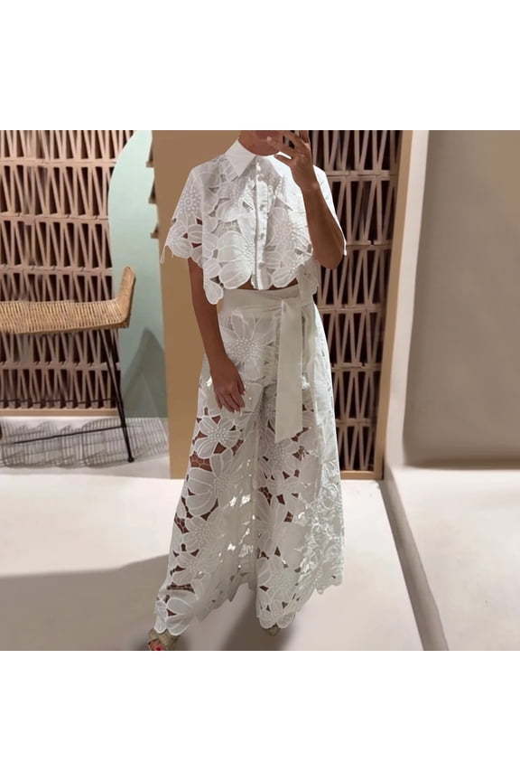 Womens Outfit Loungewear Set,Matching Set Solid-Color Openwork Top & Wide-Leg Pants Two-Piece Set White 0 XXXL